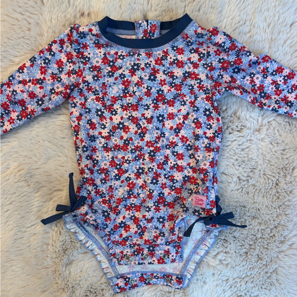 Ruffle Butts Floral Rashguard - Red, Blue, White